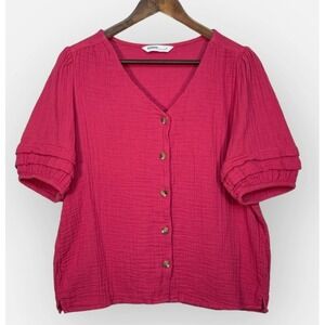 Sonoma Goods for Life Pink Cotton Gauze Puff Sleeve Button Front Blouse M